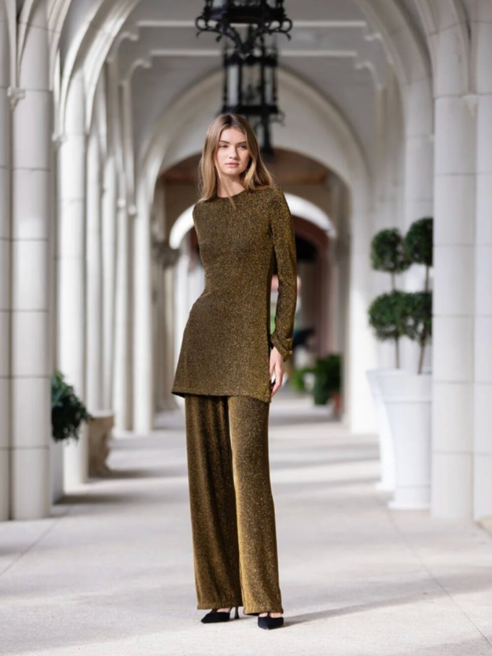 Julia Amory SET Metallic Long Sleeve Tunic & Straight Leg Pants Gold Size Small